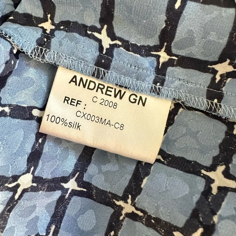 SILK Andrew GN Blue RicRac Square Patterned Short Sleeve Blouse. Size 38 - Picture 8 of 9